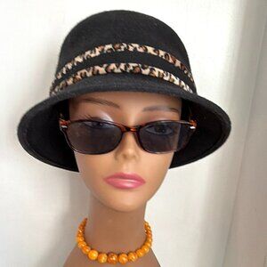 Vintage 60s 70s Fedora Bucket Black Cheetah Leopard Print Band Wool Brimmed Hat